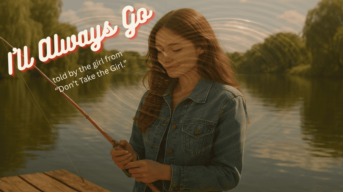 Album cover for ‘I’ll Always Go,’ featuring a young woman standing on a wooden dock with a pink fishing rod, eyes closed in reflection. Golden sunlight glows on calm lake water and willow trees in the background, with stylized text reading ‘I’ll Always Go – told by the girl from Don’t Take the Girl.