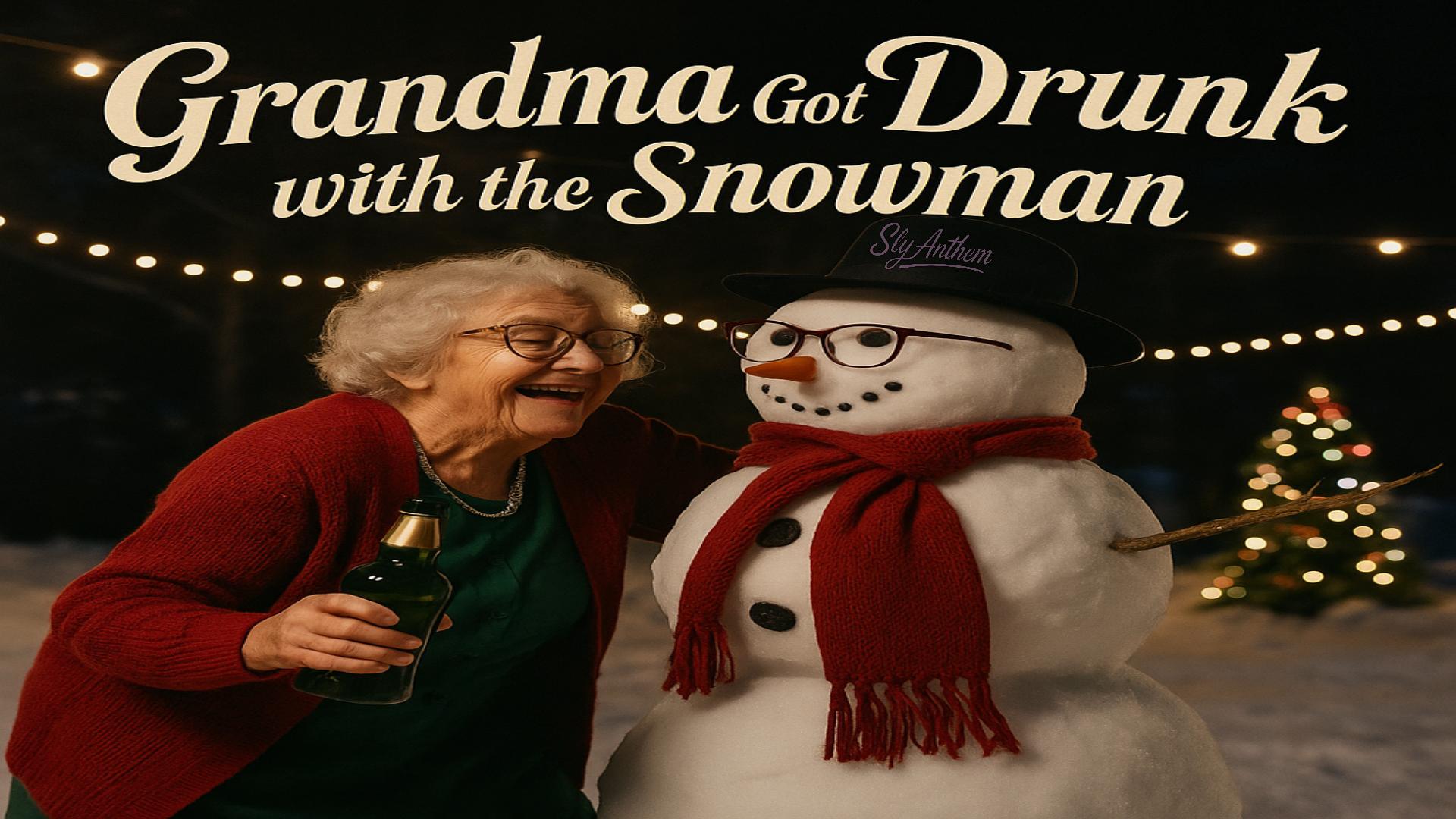 A cheerful elderly woman in a red sweater laughs while holding a green bottle and leaning on a snowman wearing glasses, a black hat with the Sly Anthem logo, and a red scarf. Warm string lights and a decorated Christmas tree glow in the snowy background. The title “Grandma Got Drunk with the Snowman” is displayed in fancy cream-colored lettering at the top of the image.