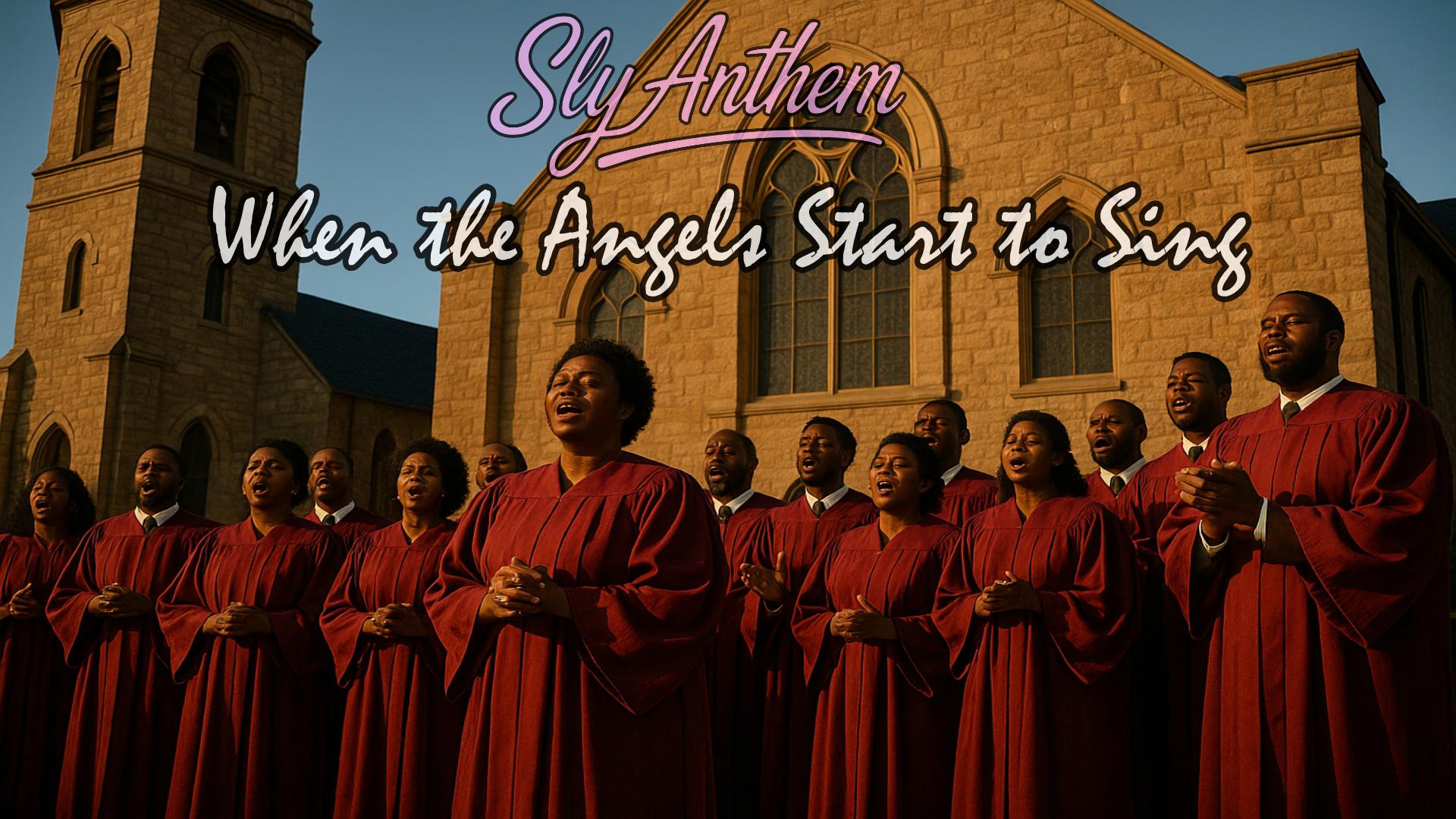 A gospel choir wearing deep red robes sings passionately on the steps of a large stone church at sunset. Above them, the stylized Sly Anthem logo appears in pink and purple, with the title “When the Angels Start to Sing” written below in bold white script. The warm golden light highlights the church’s tall windows and tower behind the choir.