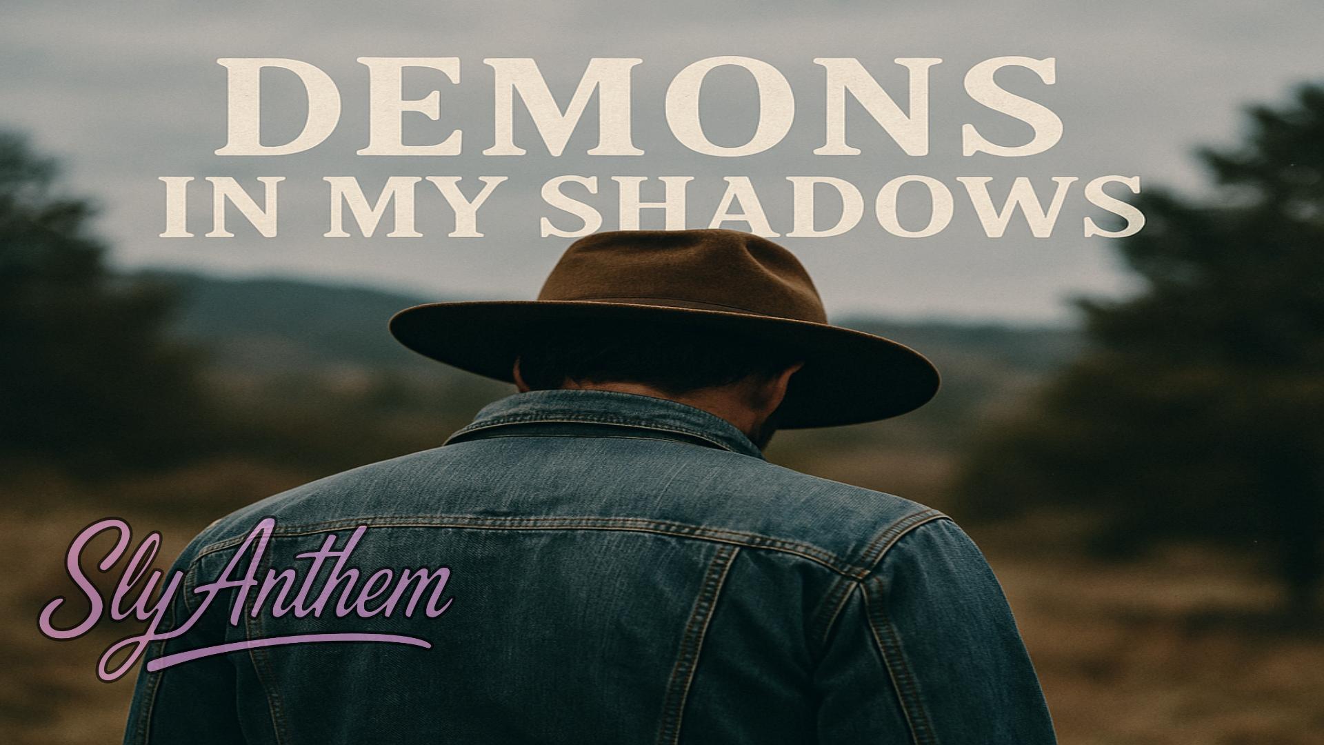 A man wearing a brown cowboy hat and a denim jacket stands in an open field with his back turned toward the camera. The sky is overcast and the background is soft and blurred with trees and hills. The album title “Demons in My Shadows” appears in large bold letters above him, creating a somber and reflective mood.