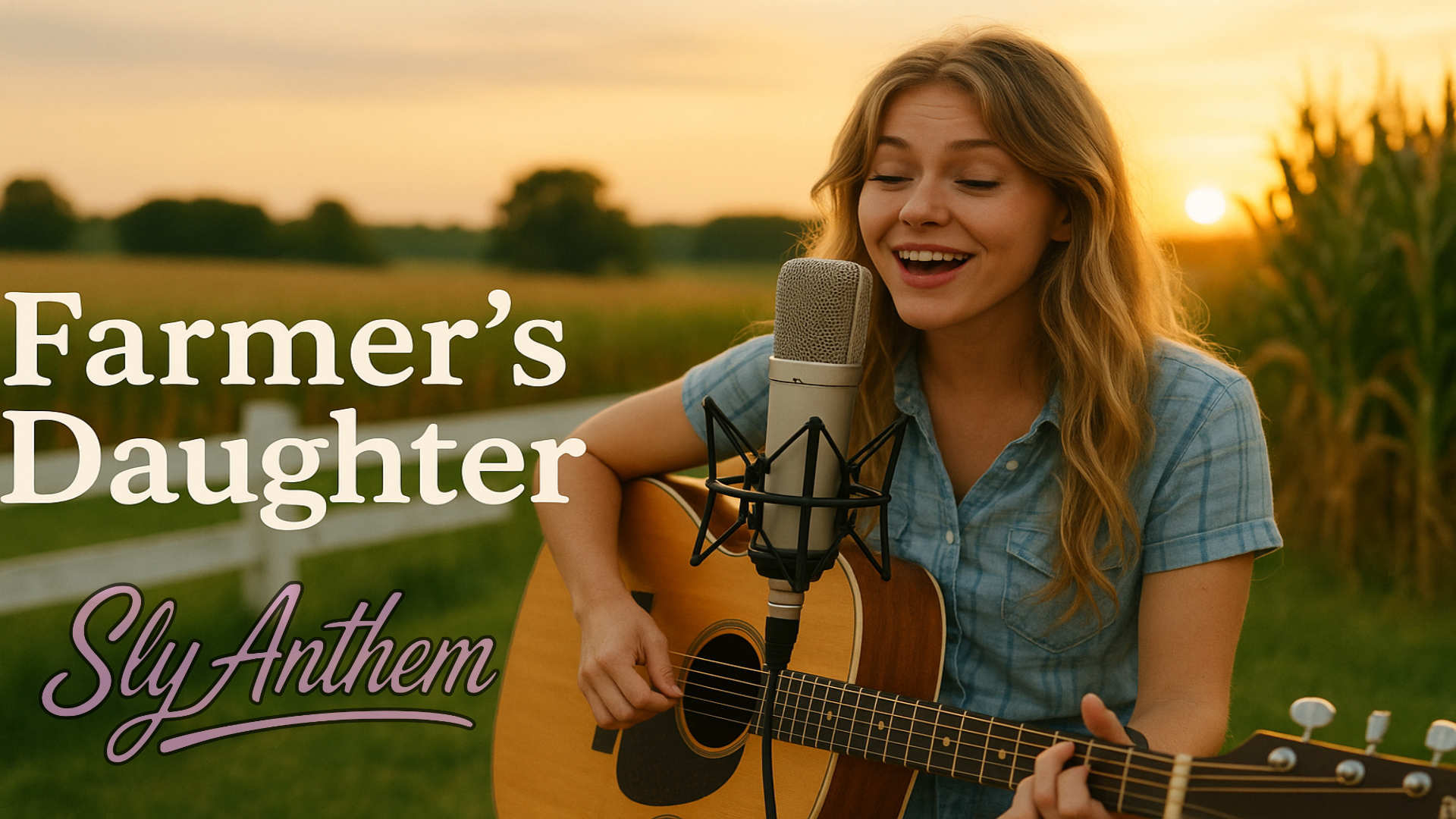 A young country woman with long blonde hair plays an acoustic guitar outdoors at sunset. Soft golden light glows behind her as she stands in front of open fields and a peaceful rural landscape, capturing a warm summer country atmosphere.