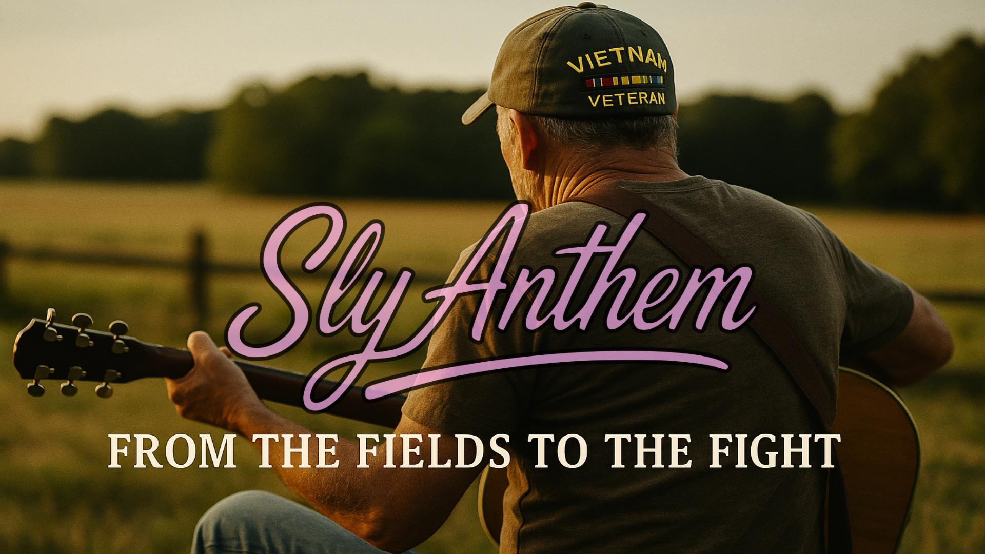 A faceless Vietnam veteran sits outdoors in a sunlit field, holding an acoustic guitar. He wears a worn baseball cap and casual clothes, photographed from behind to hide his face. Warm golden light and soft shadows create a peaceful, reflective mood. The title “From the Fields to the Fight” appears in small text near the bottom of the image.