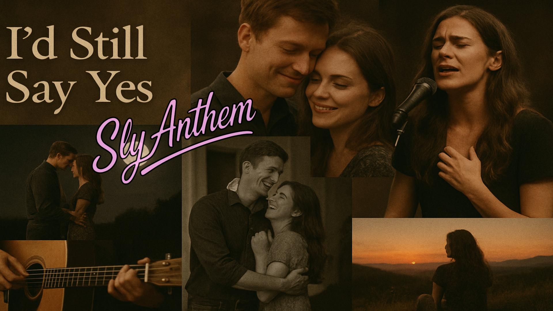 A warm sepia toned collage showing a couple in various loving moments, including holding each other, laughing, and standing together under a full moon. A woman is also shown singing emotionally into a microphone, and another scene shows her sitting alone at sunset. The images blend together with soft edges to create a nostalgic, reflective mood that matches a bittersweet country love song.