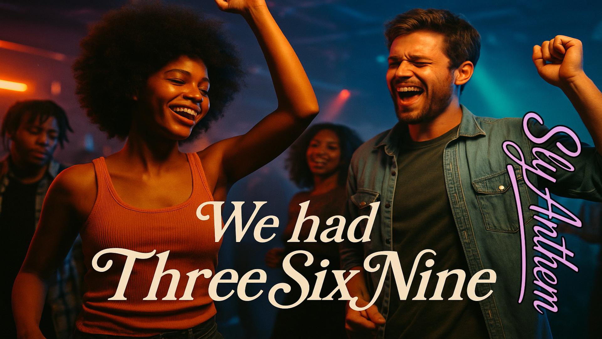 A photo realistic 16:9 album cover showing a vibrant nightclub scene. A smiling woman and a man are dancing under colorful neon lights with other dancers blurred in the background. The atmosphere is energetic with warm and cool lighting mixed across the frame. The title “We had Three Six Nine” appears in a fancy cursive font across the lower center of the image.