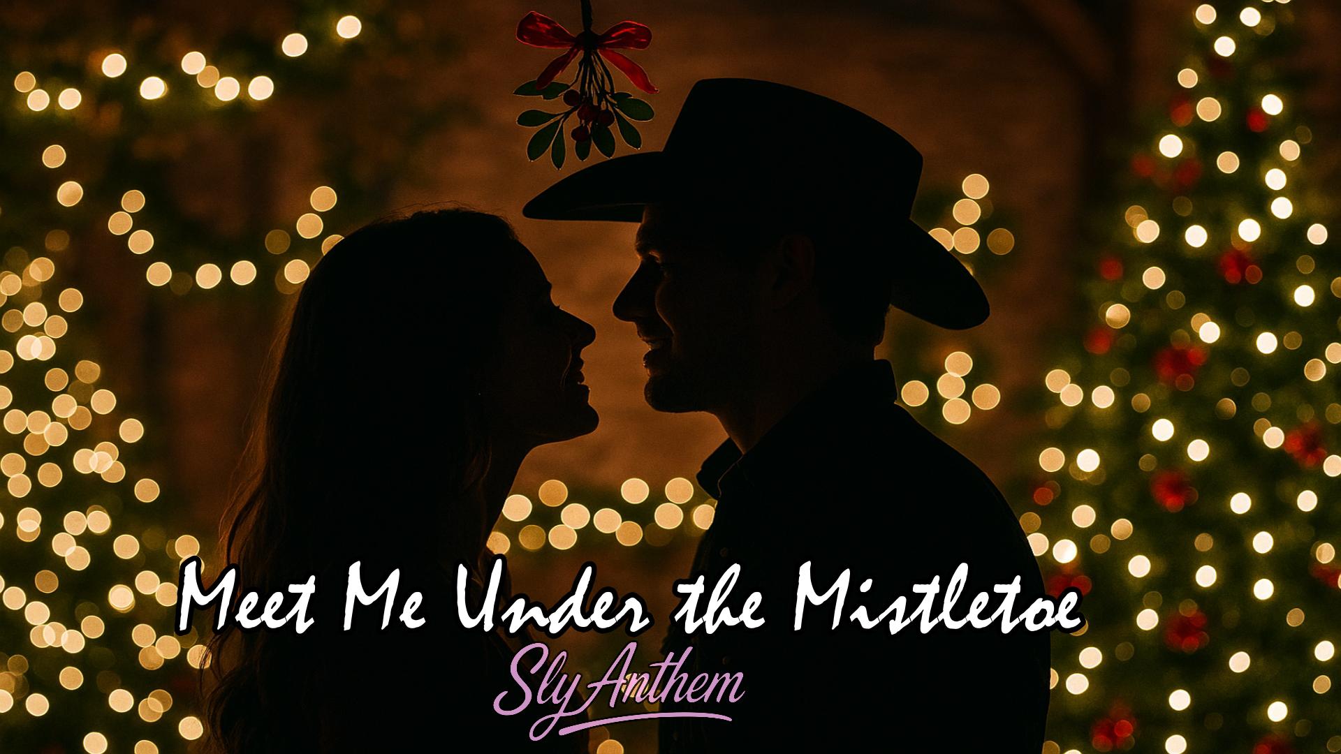 A silhouette of a man in a cowboy hat and a woman facing each other under a mistletoe, surrounded by warm Christmas lights and a decorated tree, with the text “Meet Me Under the Mistletoe – Sly Anthem” written across the bottom.