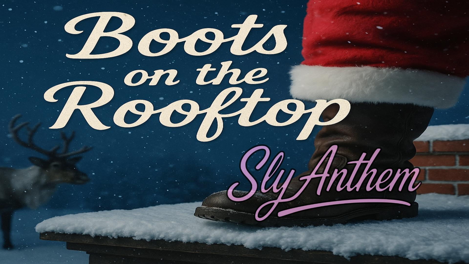 Christmas scene showing Santa Claus’s boot standing on a snow-covered rooftop beside a brick chimney. Snow is falling against a dark blue night sky, and a reindeer stands blurred in the background. The title “Boots on the Rooftop” appears in large cream-colored script lettering across the top left, with the artist name “Sly Anthem” in a pink and purple stylized signature at the bottom right.