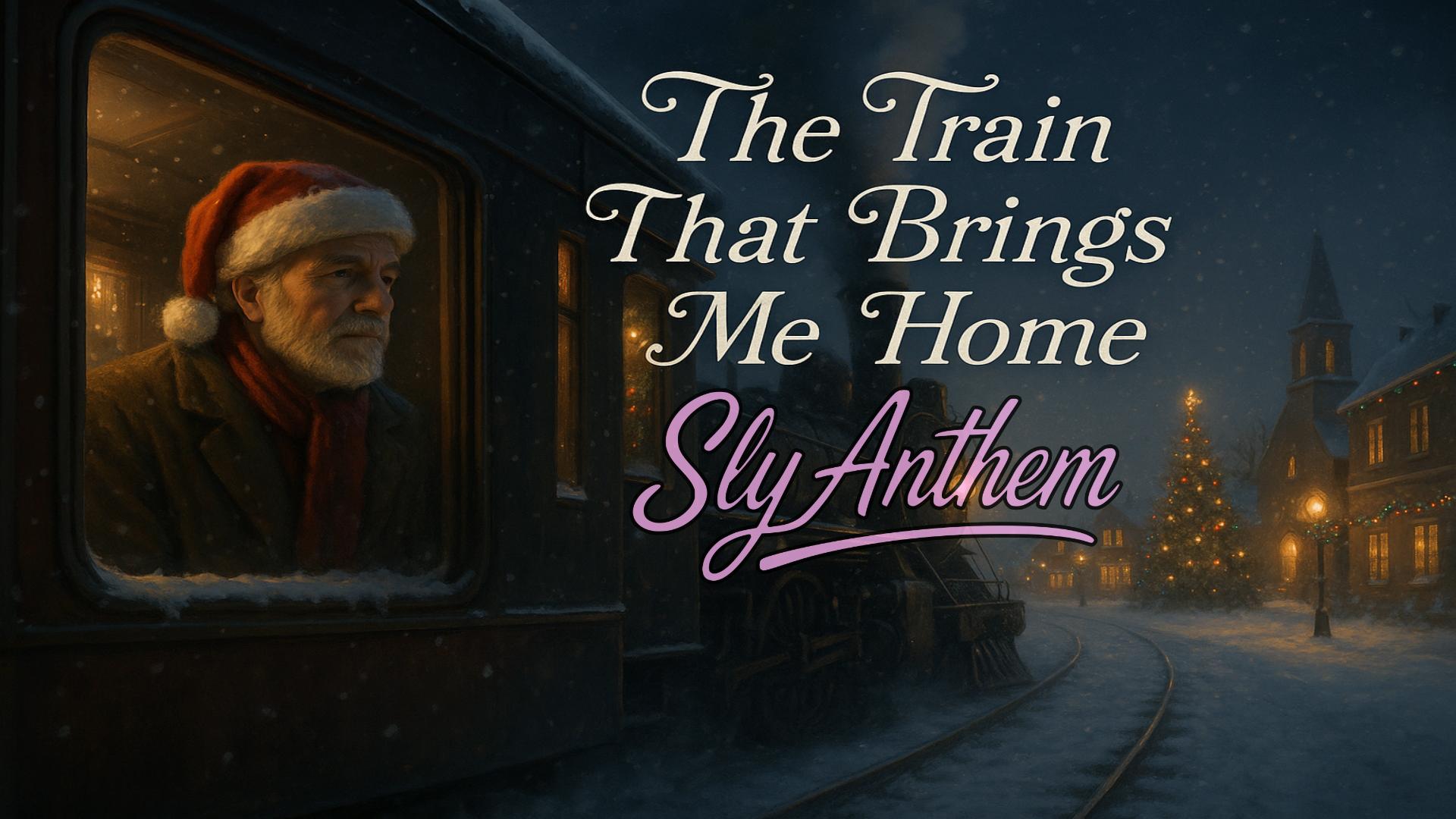 Christmas Eve scene of an older man wearing a Santa hat and red scarf, looking thoughtfully out the window of a vintage train car. Snow falls softly outside as the train approaches a small festive town with glowing street lamps, a lit Christmas tree, and a church steeple. The title “The Train That Brings Me Home” appears in elegant script, with “Sly Anthem” written below in a bold stylized font.
