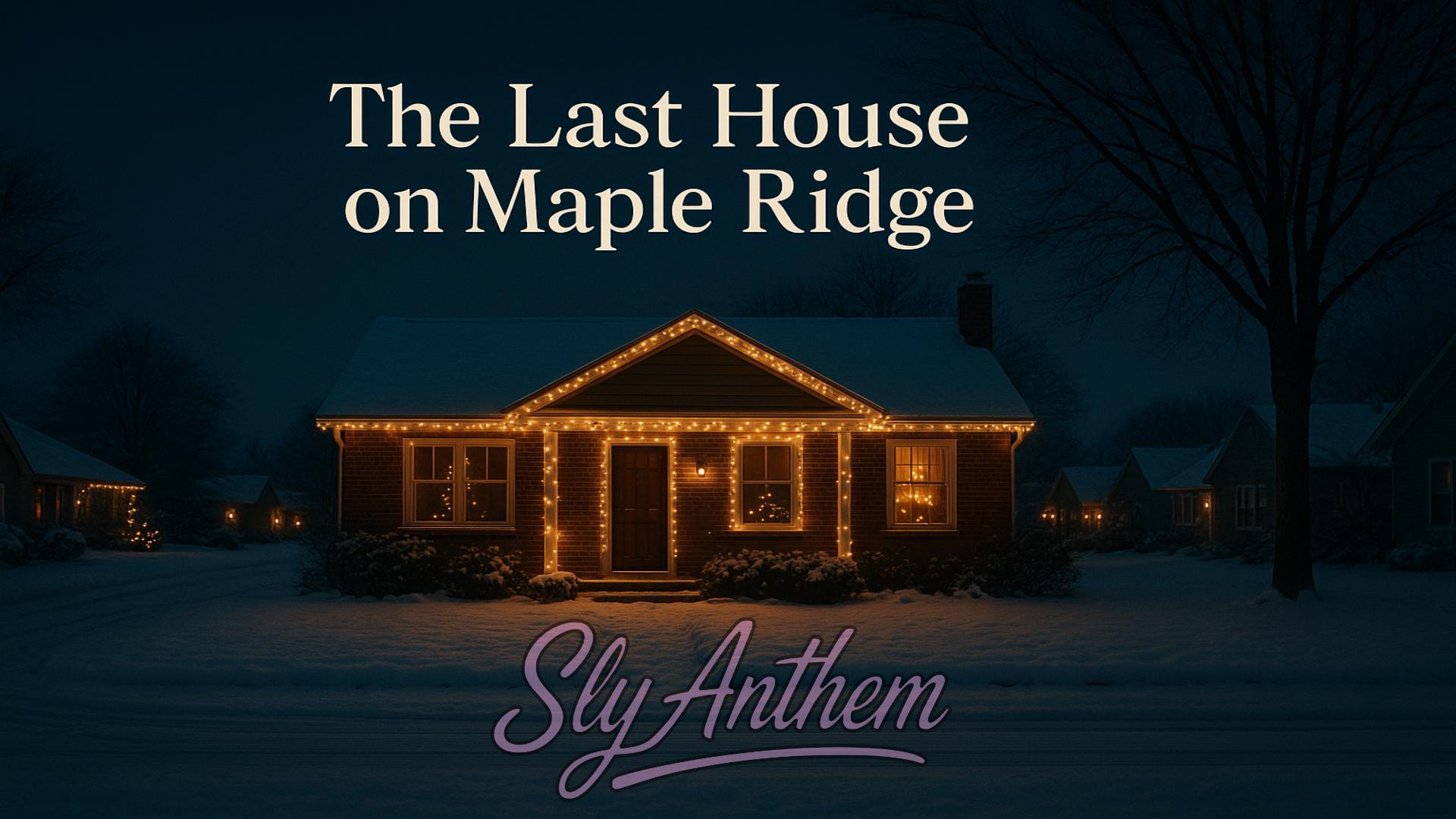 winter night scene of a small brick house covered in snow, outlined with warm Christmas lights. The neighborhood is dark and quiet with other softly lit homes in the distance. At the top, the title “The Last House on Maple Ridge” appears in elegant cream lettering. At the bottom, the stylized Sly Anthem logo is displayed in soft purple script across the snowy foreground.