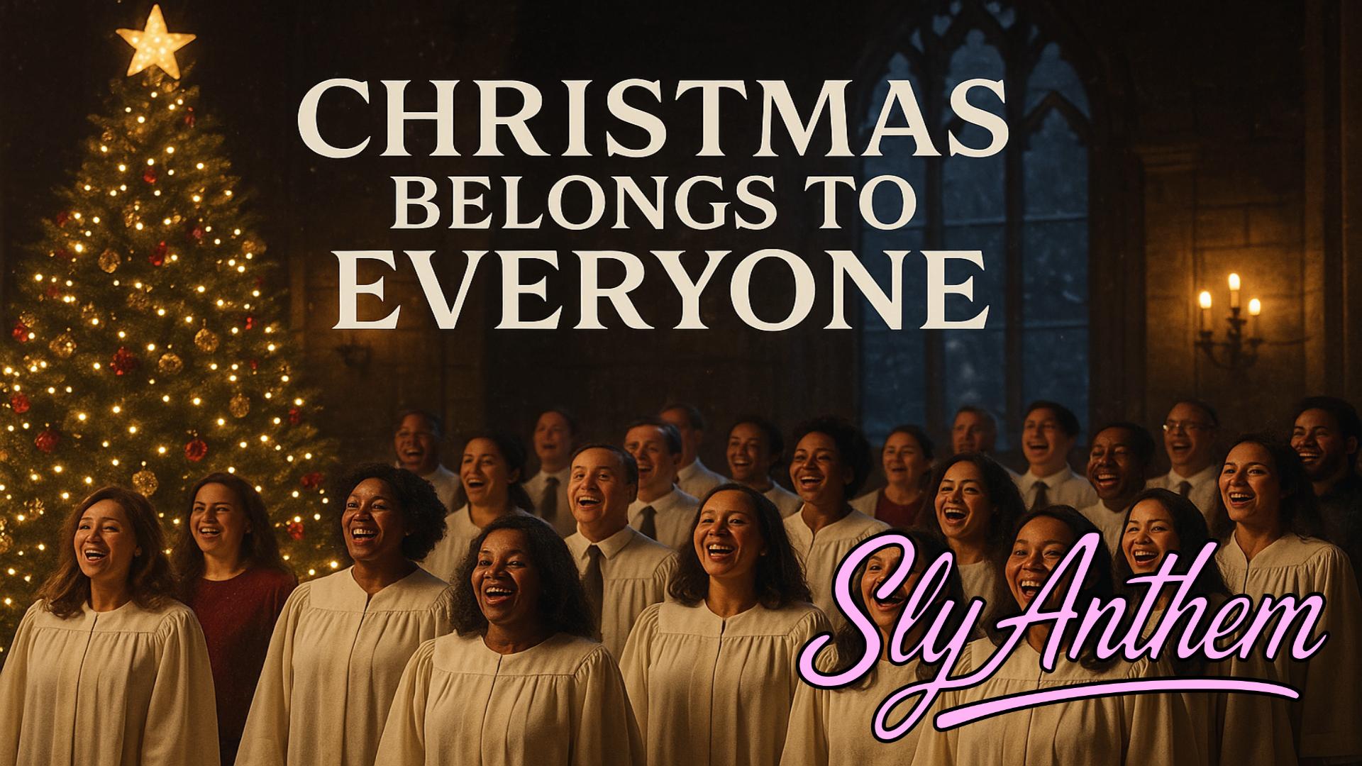 A large, joyful choir dressed in cream-colored robes sings inside a warmly lit cathedral decorated for Christmas. A tall Christmas tree covered in glowing lights and ornaments stands on the left, while gothic arched windows and candle sconces frame the background. The title “Christmas Belongs to Everyone” appears in large white lettering above the choir, and the pink-and-purple Sly Anthem logo sits in the lower right corner.