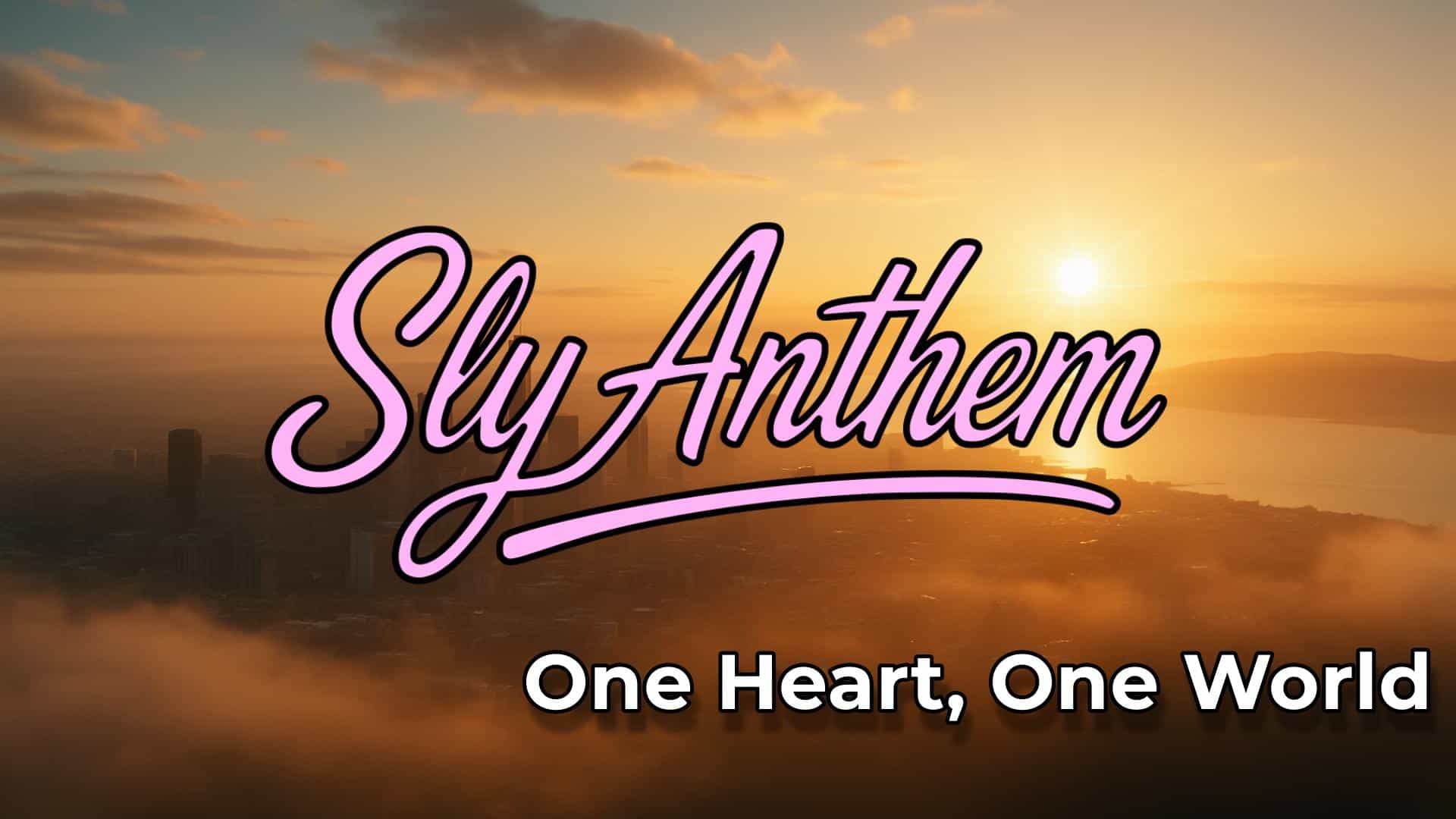 Sunrise over a modern city skyline fading into the coastline, with the logo “Sly Anthem” in large pink script and the title “One Heart, One World” below in bold white letters.