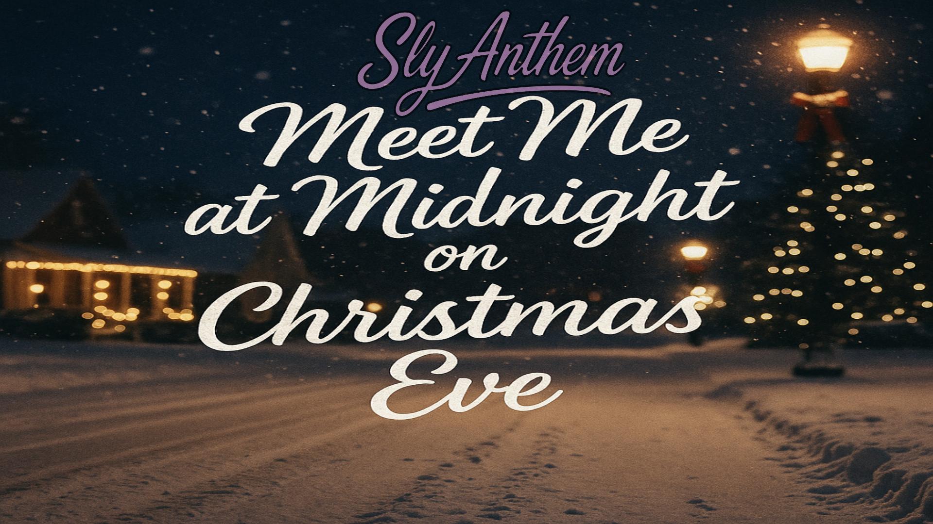 A snowy Christmas Eve street glows under warm lamplight, with a decorated Christmas tree in the background and holiday lights on nearby houses. The cover art features the stylized purple “Sly Anthem” logo at the top and large white script text reading “Meet Me at Midnight on Christmas Eve” centered across the scene. Snow is falling softly, and tire tracks run through the fresh snow in the foreground.