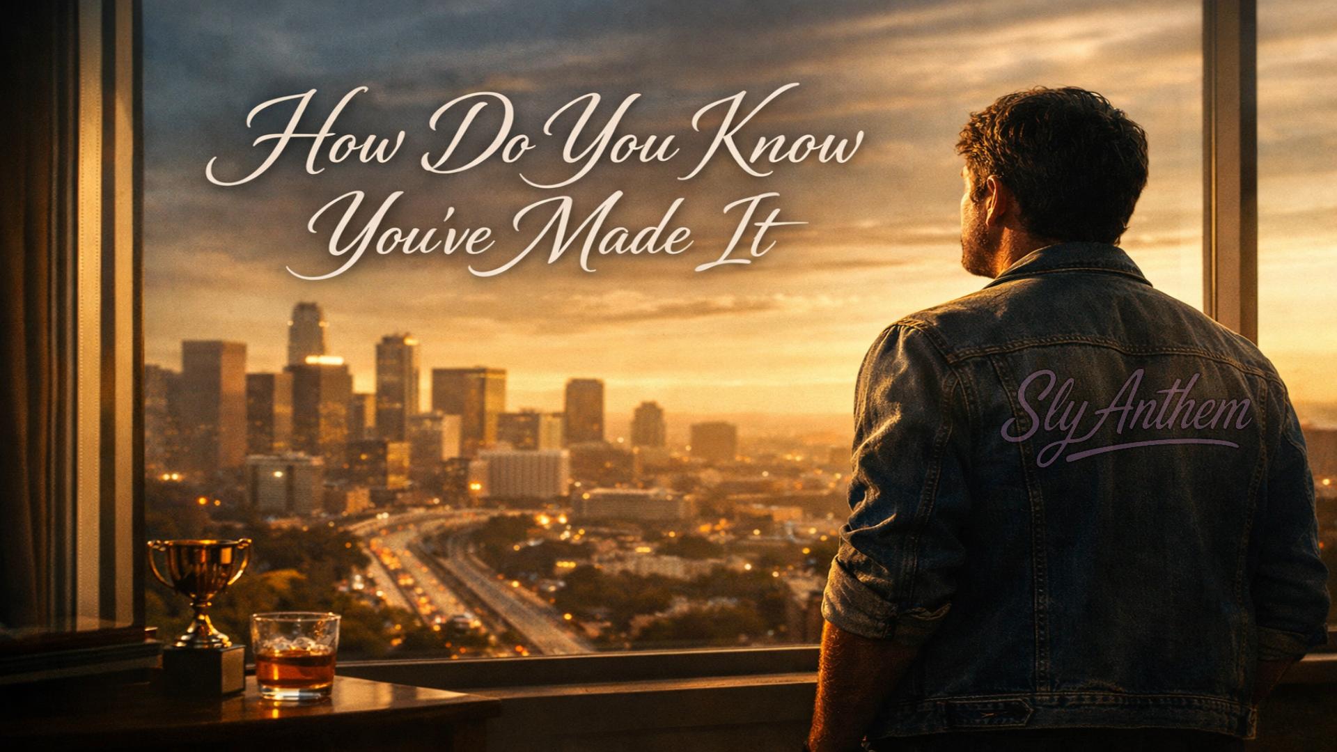 Album cover showing a man in a denim jacket standing by a high rise window at sunset, overlooking a city skyline and winding highway, with the song title “How Do You’ve Made It” in elegant script, conveying reflection, success, and quiet introspection.
