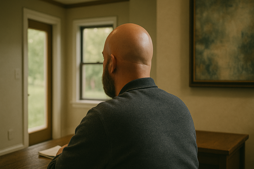 A bald, bearded middle aged man sits at a wooden desk facing away from the camera, looking out a window in a softly lit, warm toned home interior. The wide 16 by 9 shot reveals the room’s walls, artwork, and multiple windows as natural light fills the space, creating a cinematic, contemplative atmosphere.