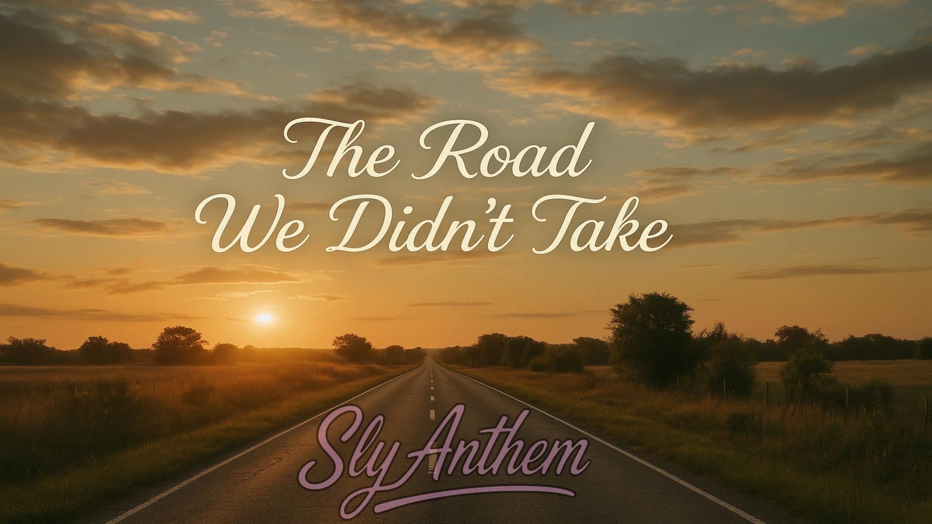 A photorealistic sunset scene shows an empty country road stretching into the horizon beneath soft golden light. The sky is filled with warm clouds as the sun sets over distant trees and open fields on both sides of the road. Centered near the top, the title “The Road We Didn’t Take” appears in an elegant script font. Near the bottom, the artist name “Sly Anthem” is displayed in a stylized handwritten logo.