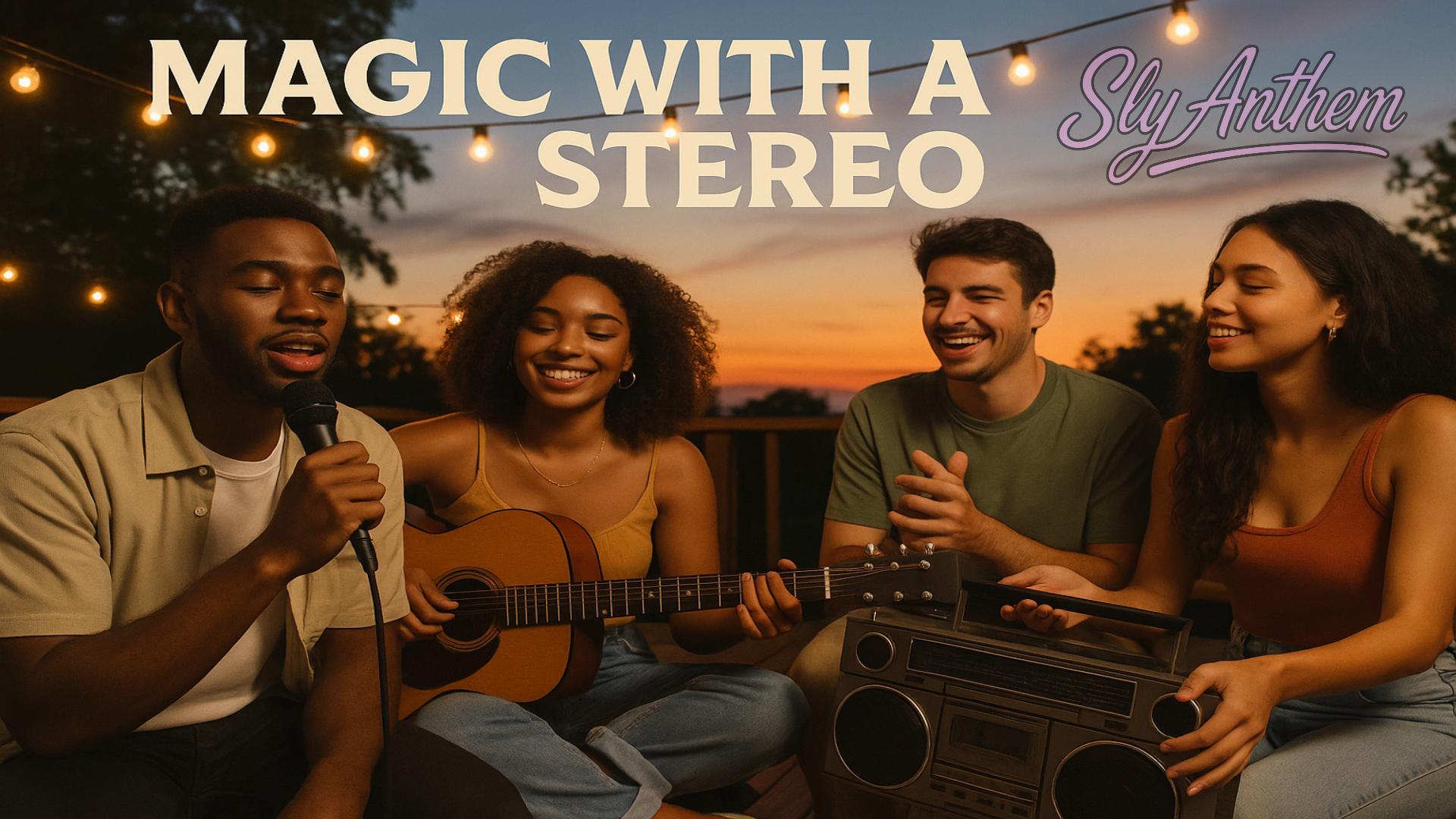 A mixed group of four young adults relax on a back porch at sunset, smiling and making music together under warm string lights. One person sings into a microphone, another plays an acoustic guitar, and another holds a vintage boombox. The sky glows with soft orange and purple tones. The text “Magic with a Stereo” appears at the top in bold cream letters, with the Sly Anthem logo in purple on the right side.