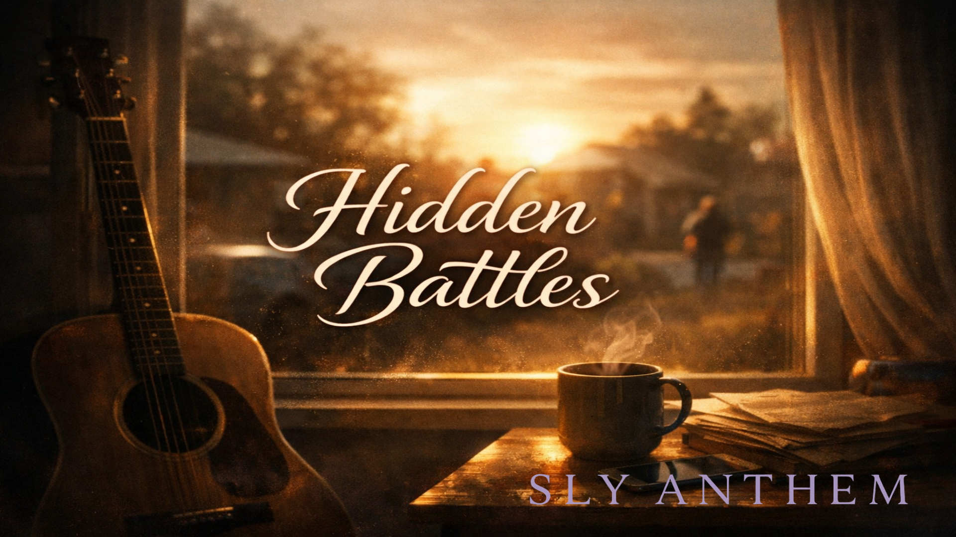 Album cover for the song Hidden Battles showing an acoustic guitar by a window at sunrise, a steaming coffee mug, and scattered papers on a wooden table, lit with warm cinematic light and soft shadows, with the title “Hidden Battles” in elegant script.