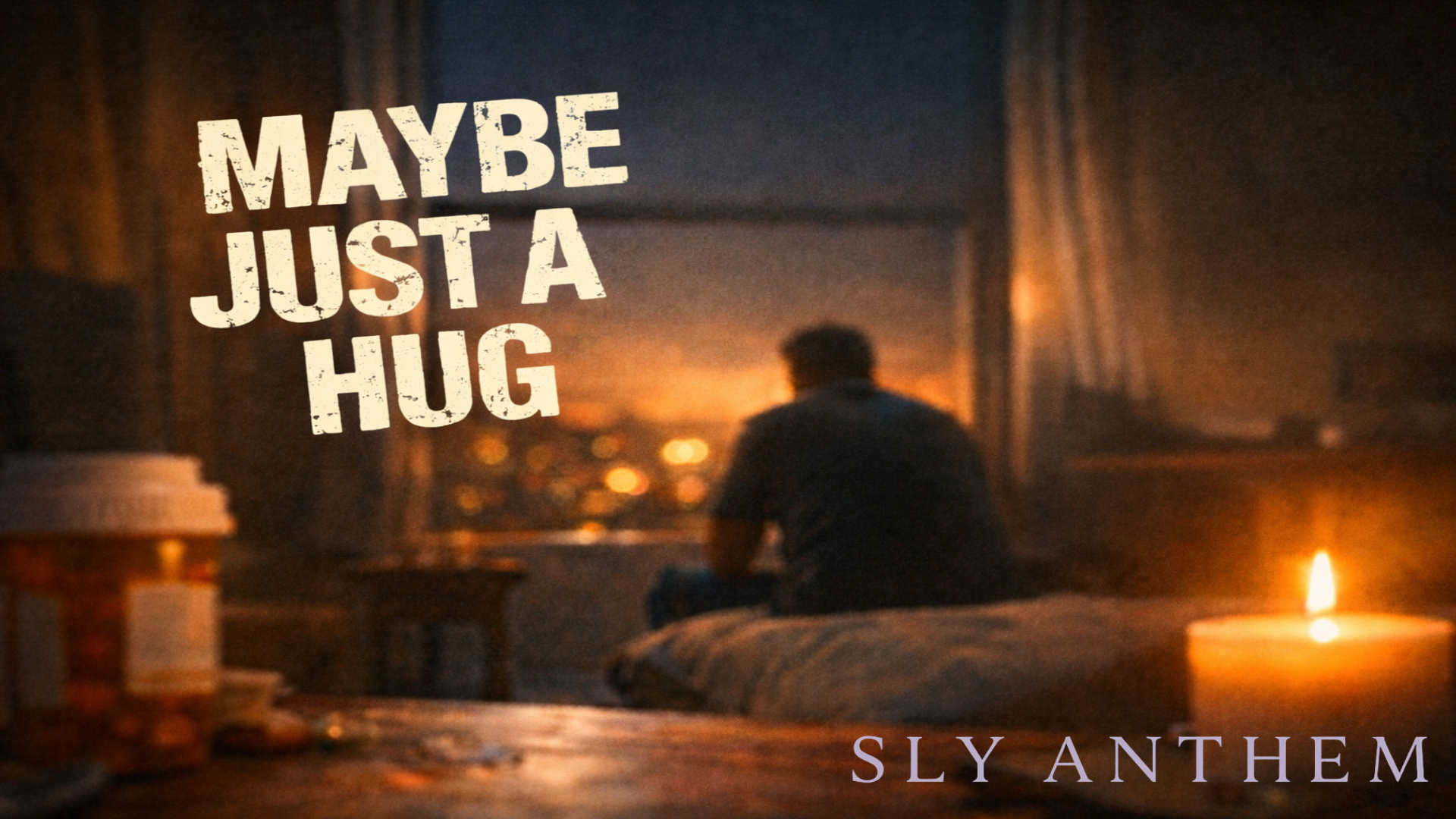 Album cover for the song Maybe Just A Hug showing a dimly lit bedroom at dusk, with a man sitting on the edge of an unmade bed facing a glowing city window, a candle and prescription bottle in the foreground, and off-center distressed block text for the title, creating a quiet, emotional, cinematic mood.