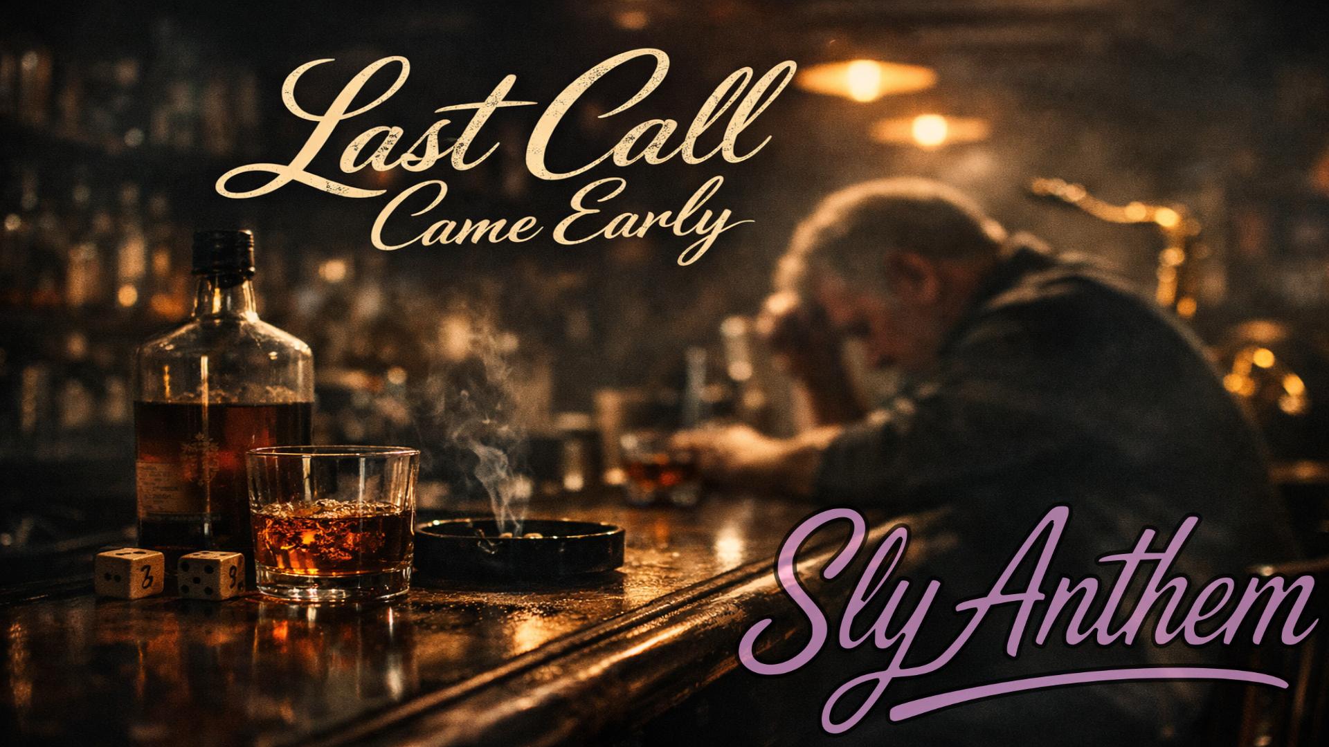 Album cover showing a dimly lit bar at night with a half-empty bourbon bottle and whiskey glass on the counter, warm smoky lighting, and an older man slumped at the bar in the background, conveying loneliness and late-night reflection, with the song title “Last Call Came Early” in elegant script text.