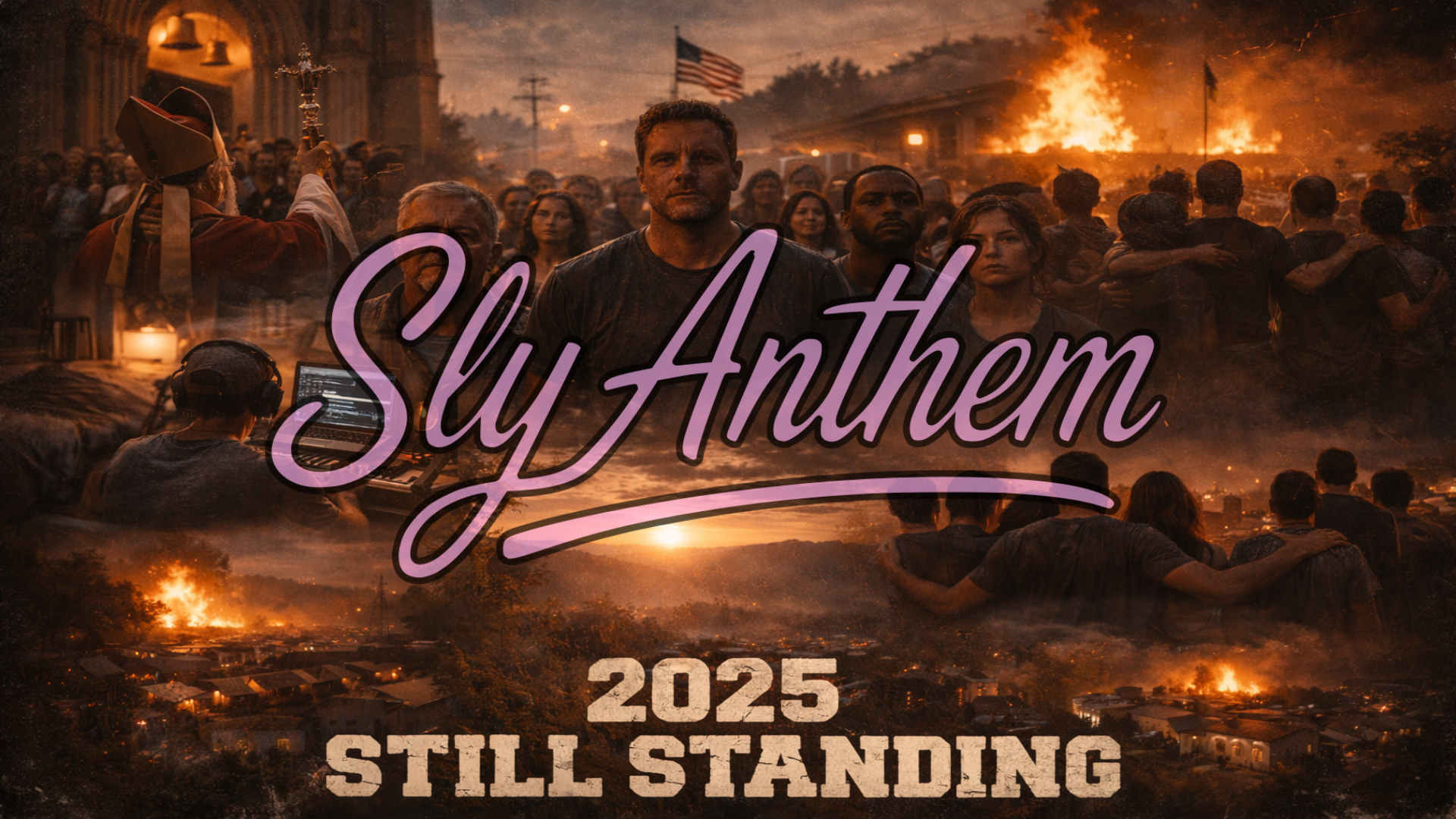 Album cover for *2025 Still Standing* by Sly Anthem, showing a determined crowd of people standing together amid fire, smoke, and a burning city at dusk, symbolizing resilience and unity during chaos, with dramatic lighting and bold country anthem mood.