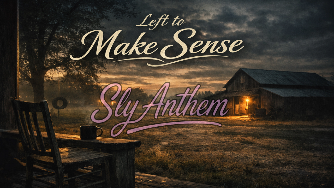 Album cover for “Left to Make Sense” featuring a rustic wooden porch with a rocking chair and coffee mug in the foreground, overlooking a rural barn lit at dusk under a cloudy sky. The song title appears in large, elegant script across the top of the cinematic country landscape.
