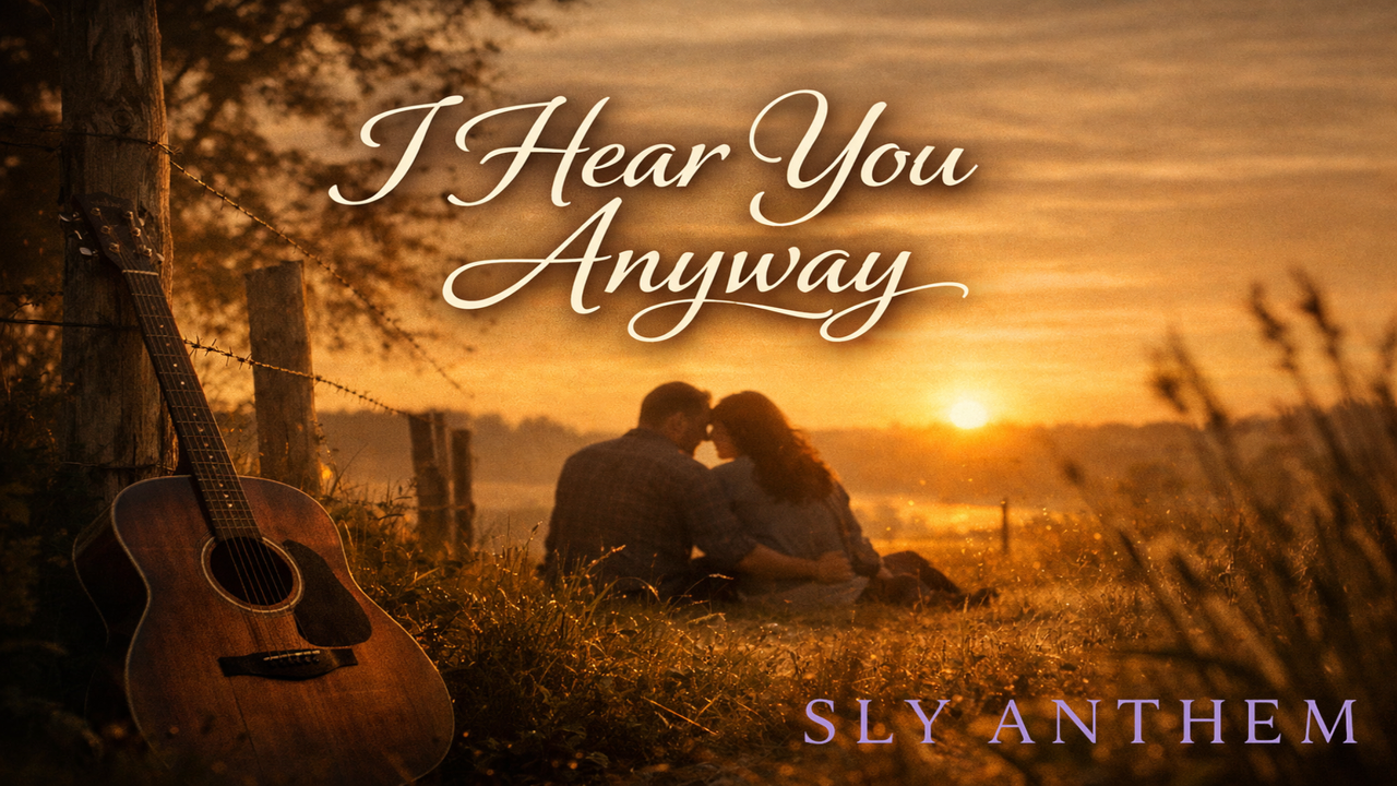 “Warm sunset album cover showing a couple sitting closely together in a grassy field by a fence, a guitar resting nearby. Soft golden light creates a romantic, reflective mood. Title text reads ‘I Hear You Anyway’ with artist name Sly Anthem.