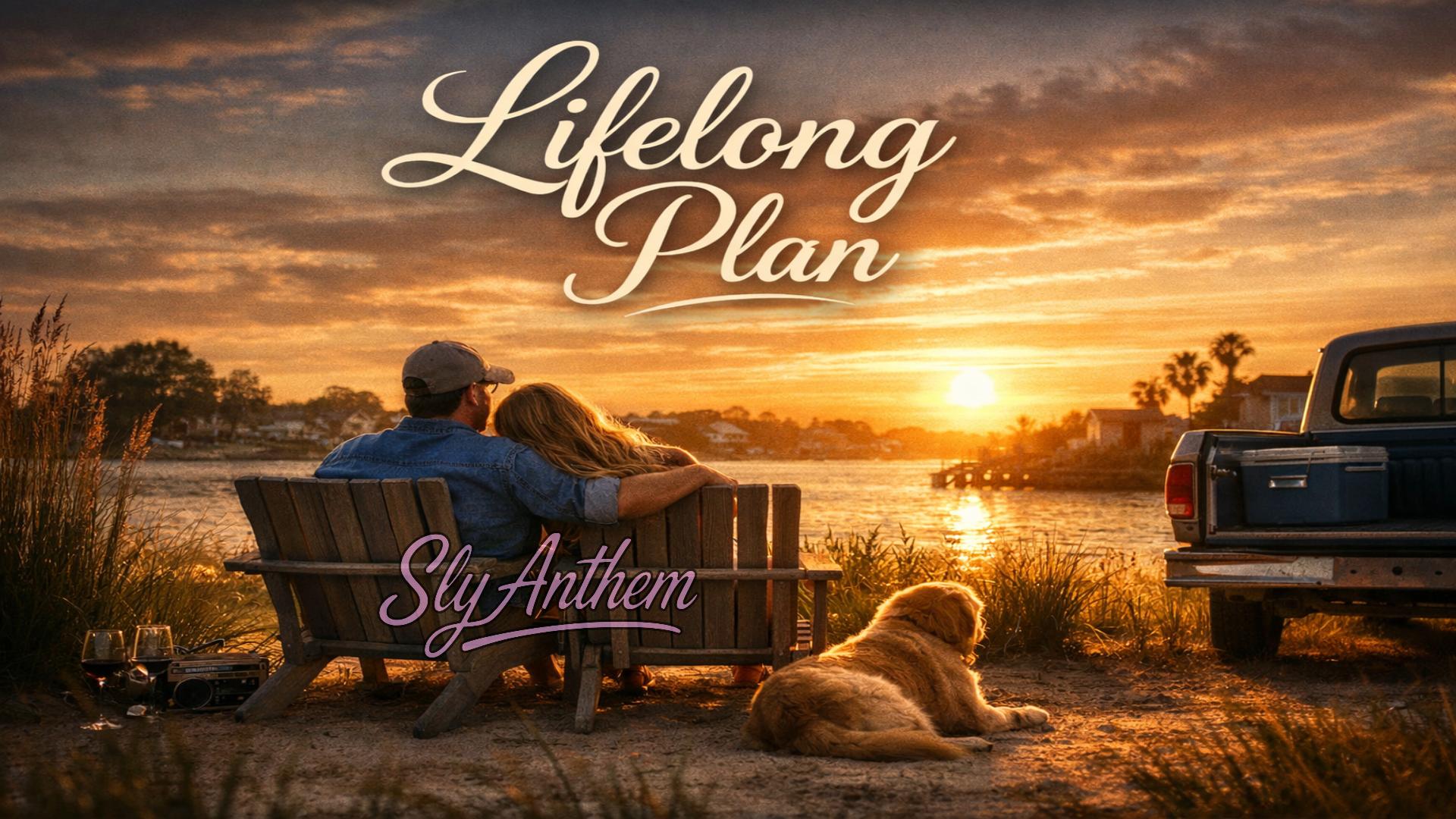 Album cover showing a couple sitting together on wooden lawn chairs by the water at sunset, a dog resting nearby and a pickup truck beside them, with warm golden light and coastal scenery, conveying relaxed country romance and lifelong love for the song “Lifelong Plan” by Sly Anthem.