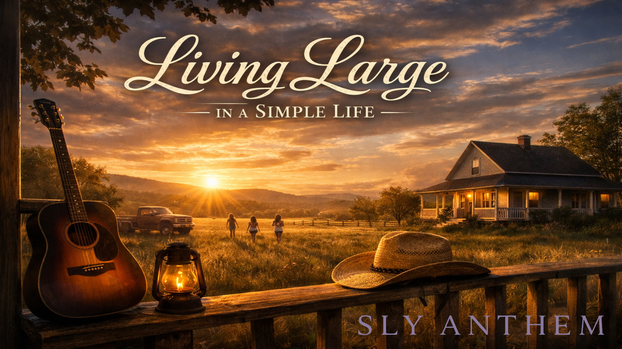Album cover showing a rustic front porch at sunset with a wooden swing, an old pickup truck parked nearby, and warm golden light across a small country home, with the title “Living Large in a Simple Life” in an elegant script font.
