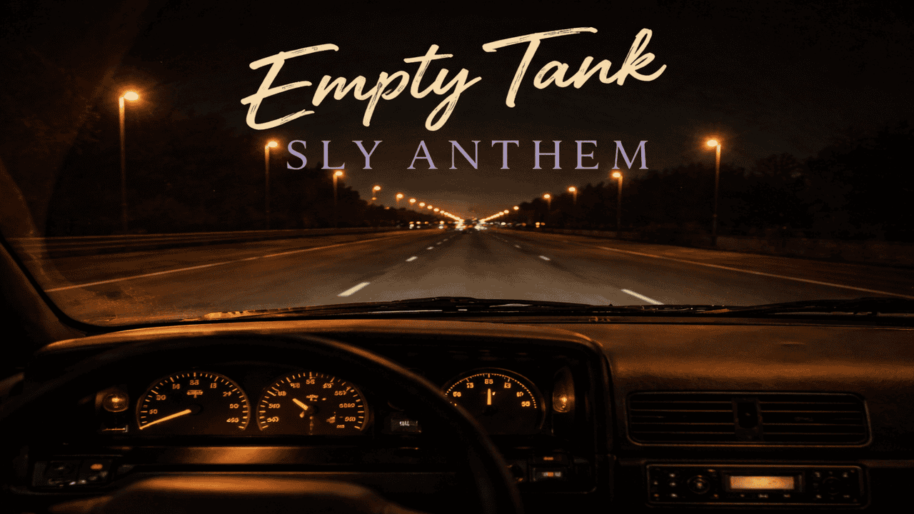 Nighttime view from inside a car looking down a multi-lane highway with streetlights and distant headlights; the dashboard and steering wheel are visible in the foreground. Large title text reads “Empty Tank” with “SLY ANTHEM” beneath it.