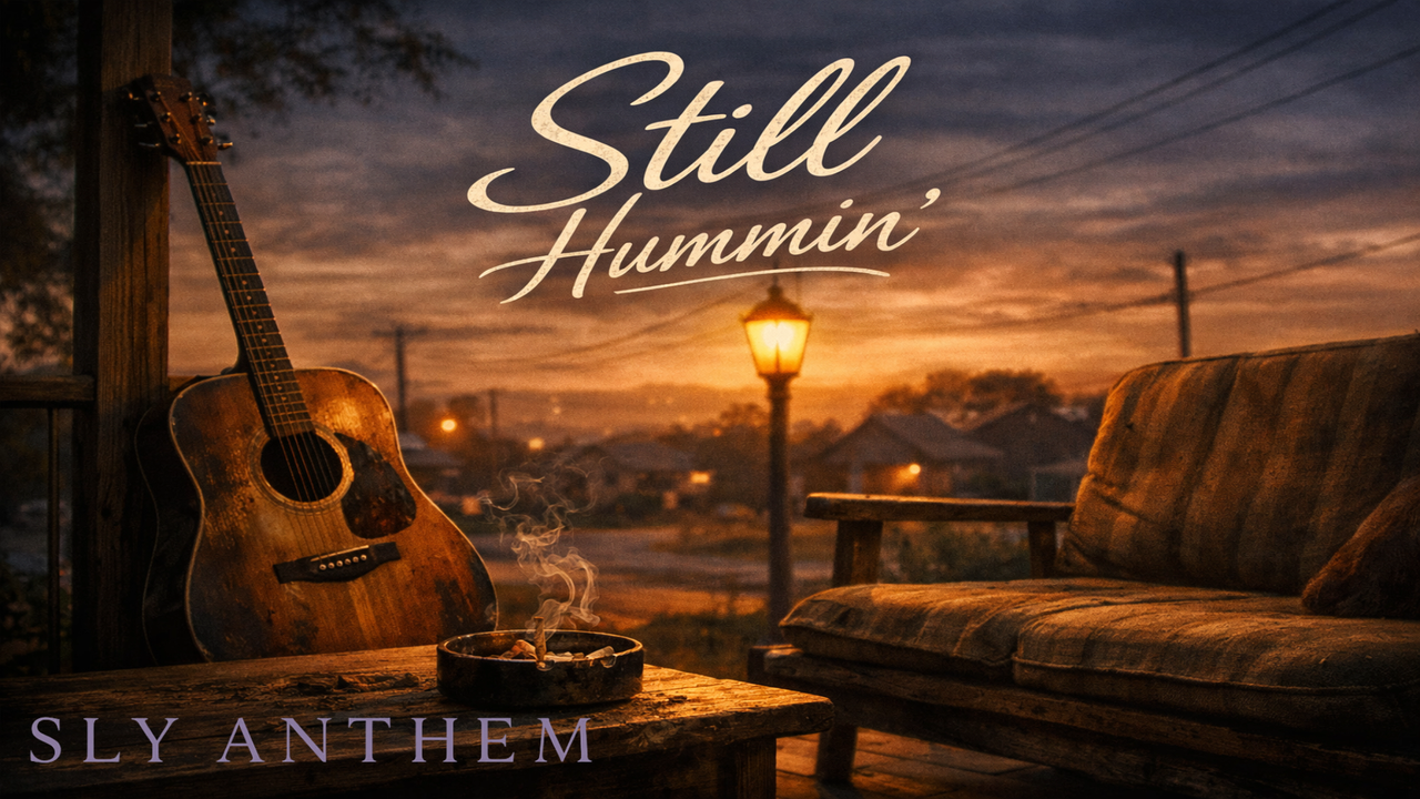 album cover showing a worn wooden porch with a hanging swing at dusk, lit by a single streetlamp, with a quiet residential street in the background. The title “Still Hummin’” appears in a stylish font over the scene.