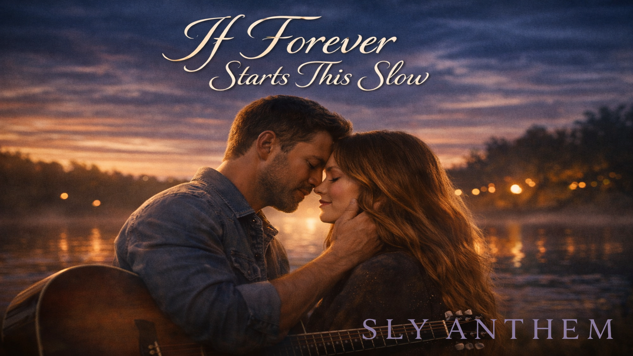Photo-realistic 16:9 album cover showing a man and woman standing close by a lake at sunset, with an acoustic guitar visible in the foreground. The title “If Forever Starts This Slow” appears in elegant script above them against a twilight sky with warm reflections on the water.