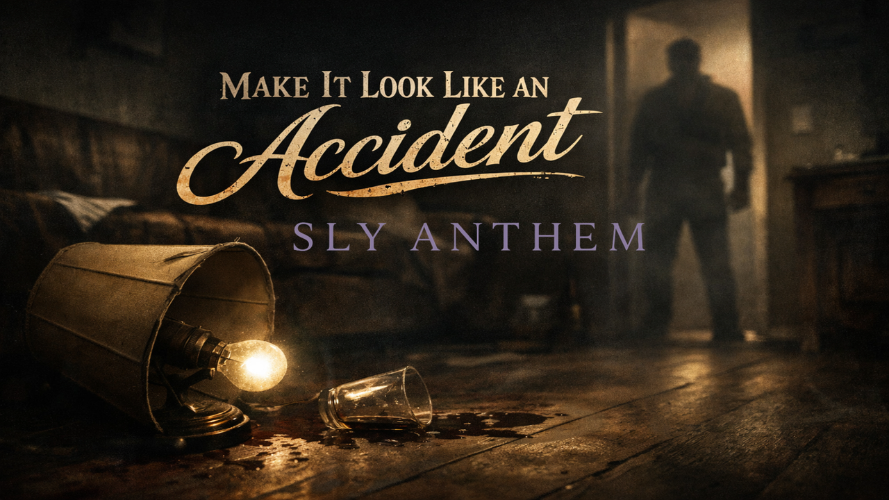 Dimly lit room with a tipped-over lamp glowing on a wooden floor beside a broken glass and spilled liquid, while a shadowy figure stands in a doorway in the background. The album title “Make It Look Like an Accident” appears in large stylized lettering across the scene.