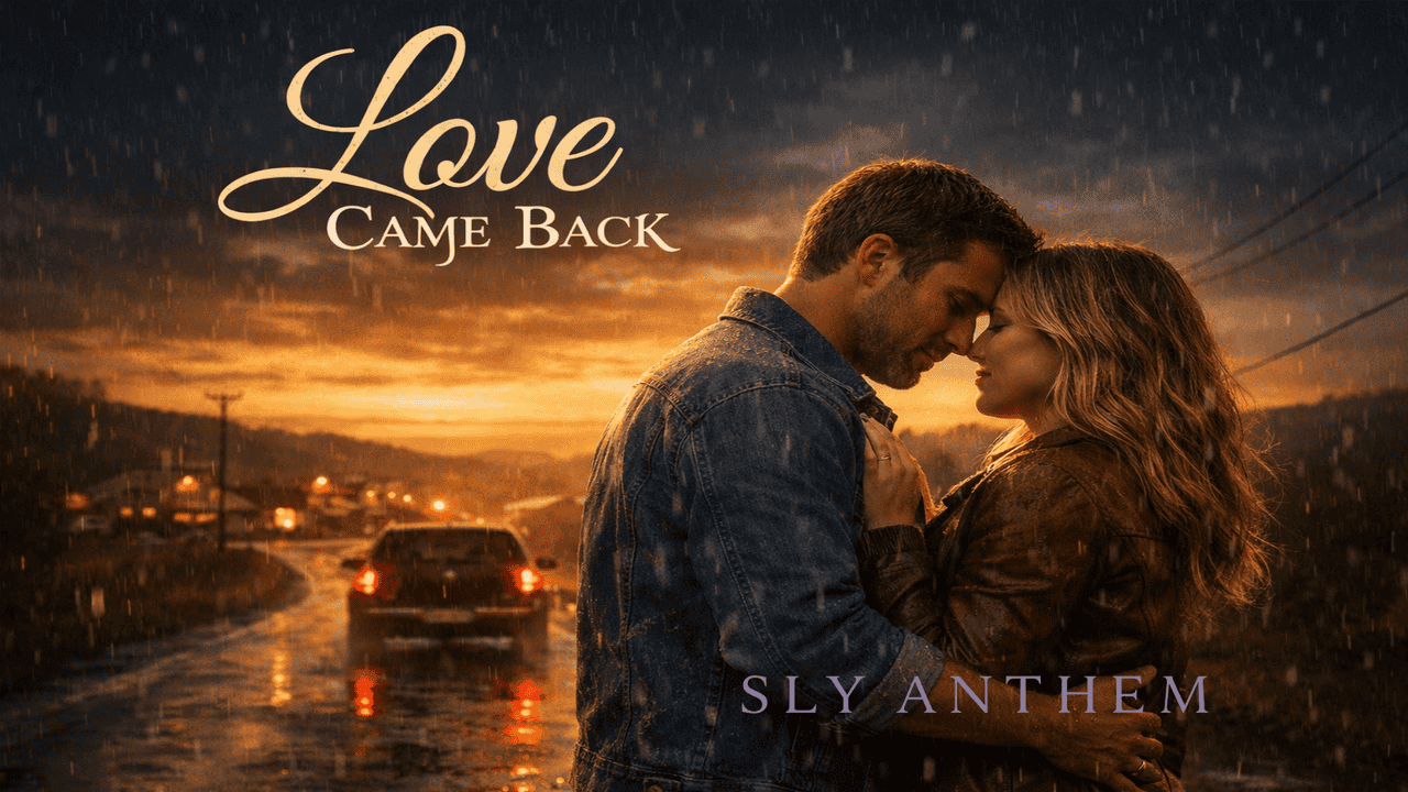 Album cover for "Love Came Back" showing a couple embracing on a rain-soaked country road at sunset, with a car in the distance and warm town lights glowing in the background, while the song title appears above them in elegant script.