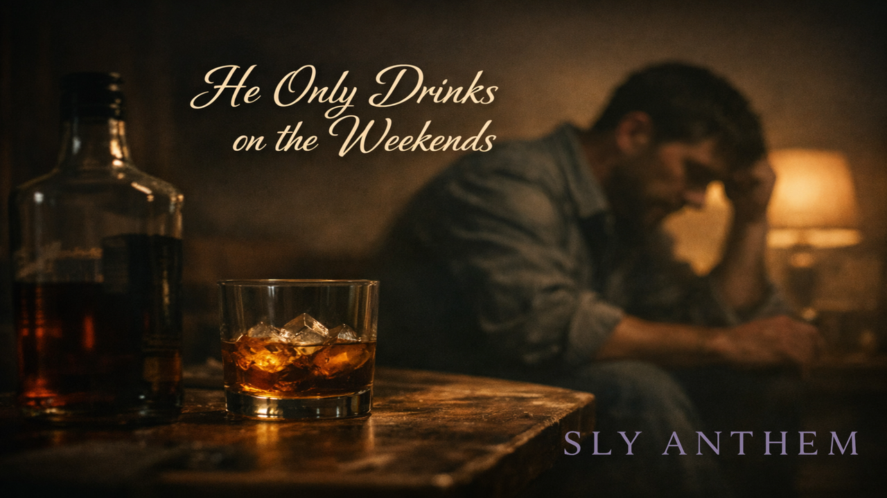 Album cover showing a dimly lit living room at night with a glowing TV casting light across the space, a man’s silhouette seated on a couch, and a bottle on a nearby table. The title “He Only Drinks on the Weekends” appears in a stylish font over the scene.