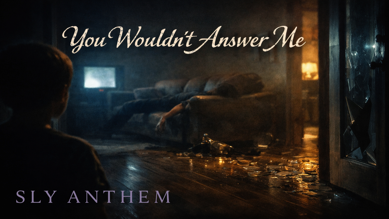 Dimly lit living room at night with a couch, a flickering TV casting blue light, and scattered broken glass on the floor; the title “You Wouldn’t Answer Me” appears in an elegant font over the scene.