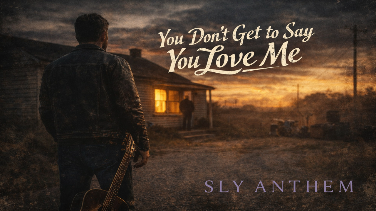 a man holding an acoustic guitar standing on a gravel driveway facing away from a small rural house at sunset, with a blurred figure on the porch and a drum kit visible in the background; the title text appears in large stylized lettering across the sky.