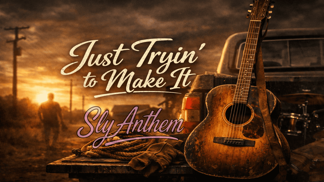 Photo-realistic album cover showing a weathered acoustic guitar leaning against the tailgate of an old pickup truck at sunset, with rope and work gloves in the foreground and a rural road scene in the background. The title “Just Tryin’ to Make It” appears in a large stylish script font across the sky.