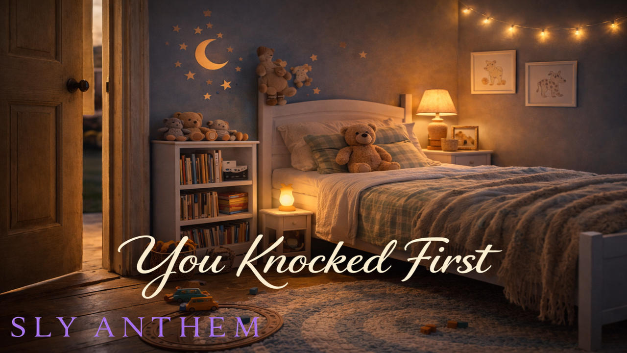 Album cover showing a warmly lit doorway slightly open at night, with soft interior light spilling into a dim hallway; the title “You Knocked First” appears in elegant script over the scene.